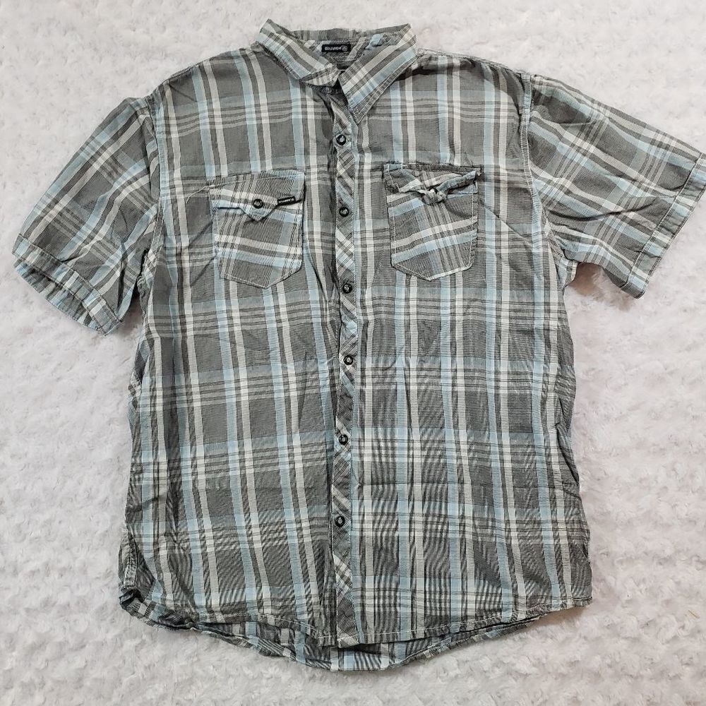 Ocean Current size XL blue and grey plaid snap button short sleeve shirt
